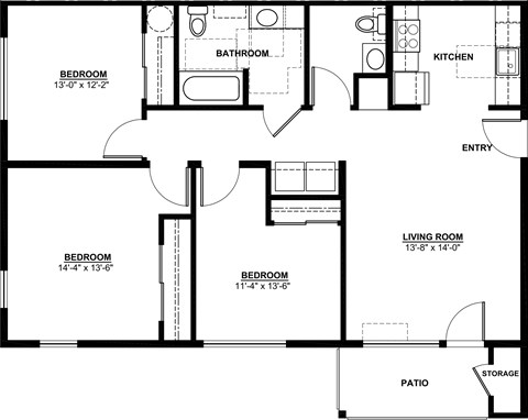 Floor plan for 3 beds, 2 baths, 1107 sqft